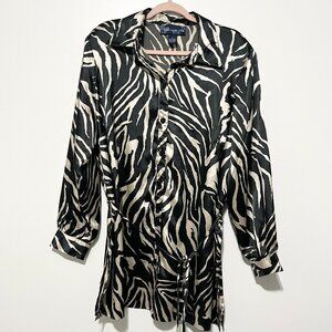 Susan Graver Womens Satin Button Up Tunic 1X Zebra Animal Print Mobwife Luxe
